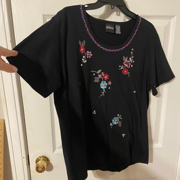 Erika Black Floral Embroidered Tee - Picture 1 of 5